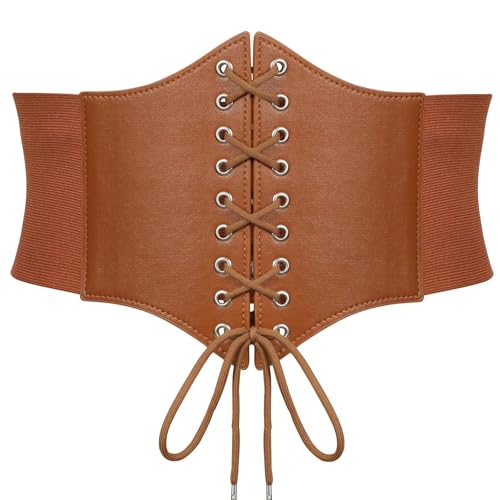 JRYGAC Mittelalter Gürtel Damen mit Gummiband, Vintage Breiter Gürtel Damen für Kleid, Einstellbar Korsett Gürtel, Corset Belt mit Velcro für Kleid Mantel Shirt Cosplay Kostüm (Kamel)