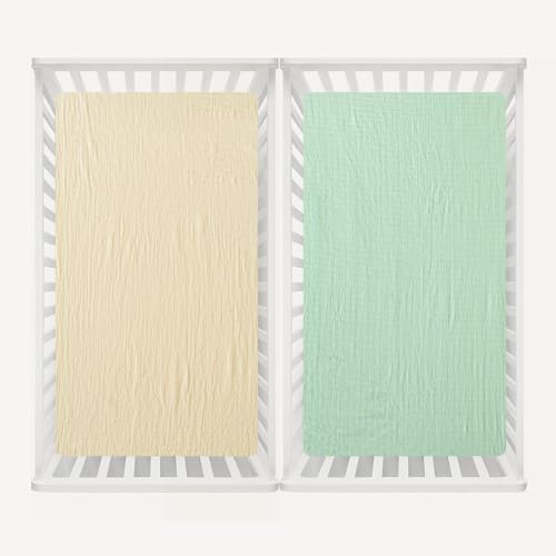 Image of david's kids Muslin Crib Sheets for Boys Girls, 2 Pack 100% Cotton Soft Breathable Fitted Baby Sheet Set, 28x52 Inch Fits Standard Crib and Toddler Mattresses, Beige & Green