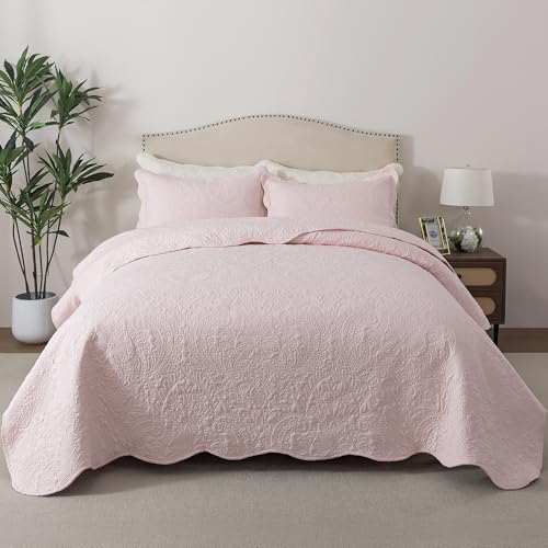 HoneiLife King Size Quilt Sets - 3 Piece Microfiber Quilt Set Lightweight Bedspreads Reversible Coverlets Rustic Bed Cover King Quilt Bedding Set All Season Quilts-Light Pink
