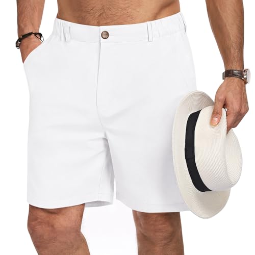 Mens Linen Casual Dress Shorts 7Inch with Elastic Drawstring L White