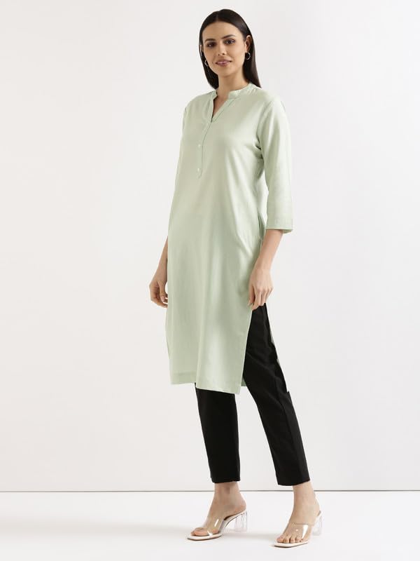 Image of SAADAA Women's Linen Straight Fit Straight Long Kurta Airy Plain Kurta, 3 /4 Sleeve, Knee Length Kurtis with Pockets, Casual and Office Wear