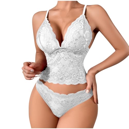 Ensemble lingerie sexy dentelle pour pimenter vos nuits en nuisette teddy blanche col V