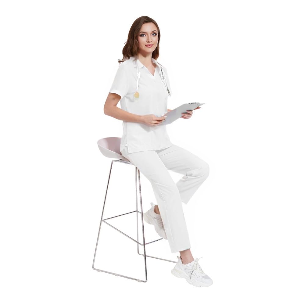 Set di uniformi mediche da donna, con scollo a V, maniche corte, pantaloni a gamba dritta, 8 tasche, elastico con coulisse, traspirante, DK77