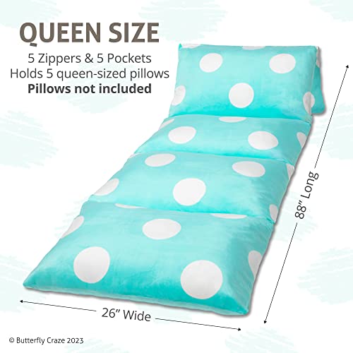 Butterfly Craze Floor Pillow Bed Lounger Cover, Cozy & Stylish Seating Solution For Kids & Adults, Recliner Floor Cushion For Ultimate Comfort, Toddler Nap Mat, Cover Only, Aqua Polka Dot, Queen #TOP2