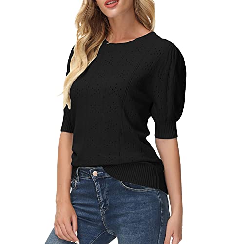 Casual Puff Short Sleeve Blouse For Women Pullover Shirt Black Sweater Top S #TOP2