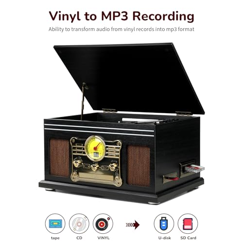 Image of FEKTIK Bluetooth Record Player 10 in 1,FEKTIK 3-Speed Turntable for Vinyl with Speakers, LP to MP3 Converter, CD, Cassette Player, FM Radio, Wireless Streaming | Black