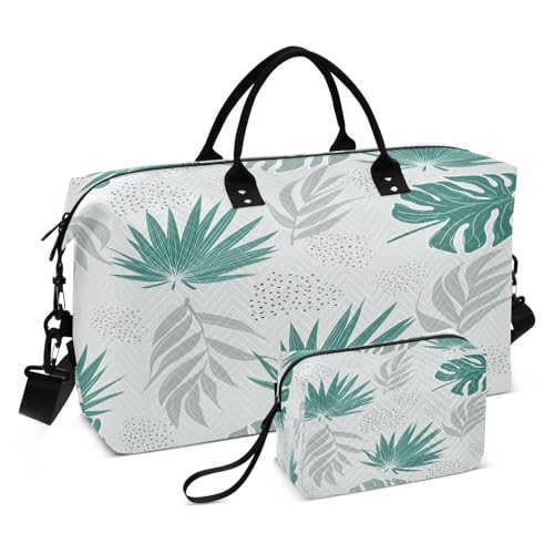 Large Foldable Travel Duffel Bag, Waterproof Gym Bag for Men & Women, Carry-On Luggage Weekender Overnight Bag, Tropical Leaves Pattern