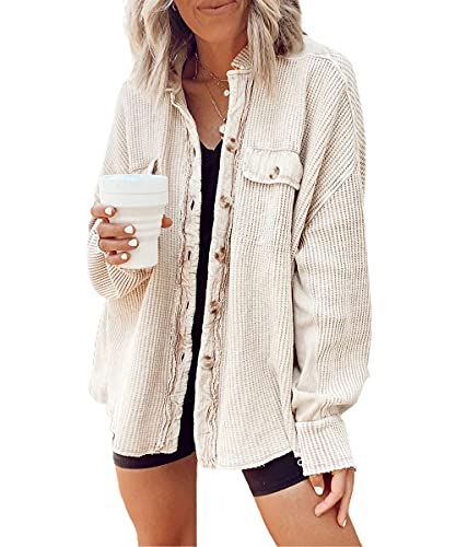 ebossy Womens Long Batwing Sleeve Splicing Cardigan Lightweight Waffle Textured Boyfriend Shirt Jacket Shacket