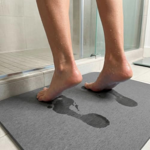 Image of Stone Bath Mat | Diatomaceous Earth Non-Slip Quick Drying Bathroom Floor Mat | Super Absorbent Bathtub & Shower Mat | Odor Free, Safe & Clean for Bathroom & Kitchen (Dark grey, 29.5 x 39.5 cm)