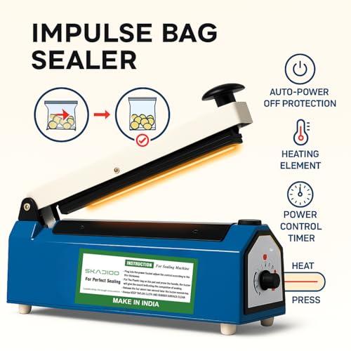 Image of SKADIO Sealing Machine for Food Packets | 12 Inch Blue Metal Body with Adjustable 8 Level Timer Control, Compact Hand Press Design for Home & Shop Use | Durable Packet Sealer Machine for Plastic Bags