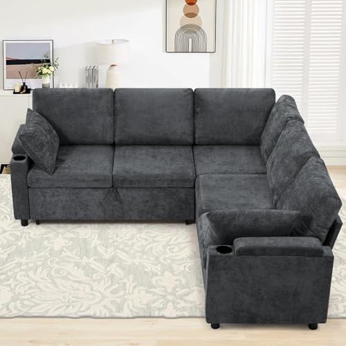 Image of 85 inch Chenille Sectional Sofa w /Pull Out Bed & Storage Space, Grey | Upholstery L Shaped Couch w /Cup Holders, Modern Corner Sofa w /USB Charging Port & Throw Pillow for Living Room
