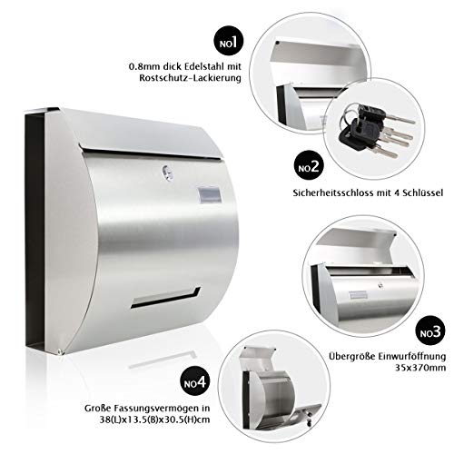 Preisvergleich Produktbild Briefkasten Edelstahl mit Zeitungsfach Nisso Briefkasten Lackiert Namensschild Abschließbar Postkasten mit 4 Schlüssel Briefkasten A4 Einwurfformat Silber Wandbriefkasten 380mm x135mm(LxB)