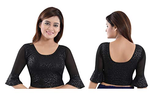 Black Ready to wear Blouse Blouses Designer Indian Best Match Saree Choli Matching Cotton Lycra Net Stretchable Circular Flounce Sleeve