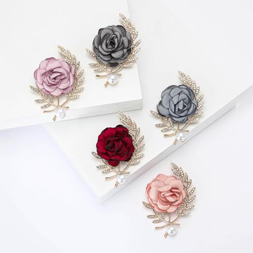 Image of Rose Brooch for Women,Dainty Satin Fabric Flower Lapel Pins Vintage Elegant Pearl Brooches Handmade Crystal Pearl Pins Silk Camellia Safety Collar Pin Dress Suit Accessories Wedding Bridal Bouquet Jewelry (Blue)