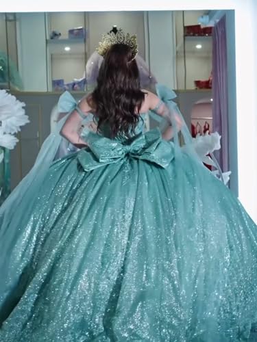 TRHTX Sparkly Tulle Quinceanera Dresses with Long Bow Lace Sweet 16 Dresses Pleated Sweetheart Ball Gown4
