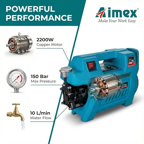 Image of Aimex D7 Plus 2200W High Pressure Car Washer, 150 Bar, 100% Pure Copper Motor, 10L /Min High Water Flow, 10 Meter Hose Pipe, Foam Cannon, Portable Pressure Washer for Car, Bike, Garden & Home Cleaning