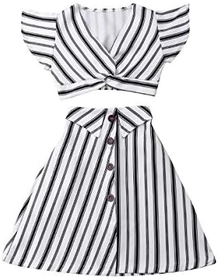 Muasaaluxi Toddler Baby Kid Girls Short Sleeve Striped T-Shirt Crop Top + A-line Skirt Dress Summer Outfit 3-8Y (7-8Y, Black+White)