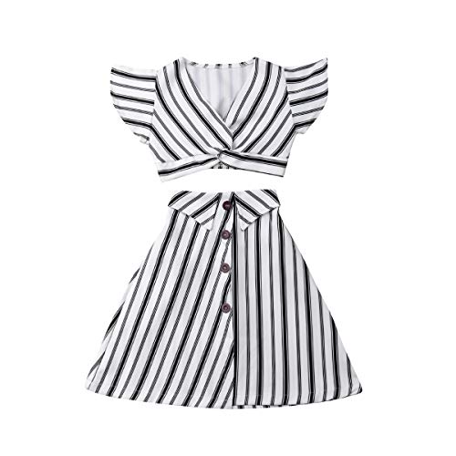 Muasaaluxi Toddler Baby Kid Girls Short Sleeve Striped T-Shirt Crop Top + A-Line Skirt Dress Summer Outfit 3-8Y (7-8Y, Black+White) #TOP11