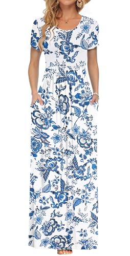Image of AUSELILY Women's Classic Short Sleeve Loose Plain Casual Long Maxi Dresses | Year Round wear solid floral print, Casual wear, Empire waist, Floor-length, Side pockets, Short Sleeve