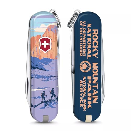 Image of Victorinox Classic SD Swiss Army Knife, Rocky Mountains National Park | 7-Function Swiss Mini Knife, Small Blade, Nail File, Screwdriver, Key Ring, Swiss Made, Compact EDC for Keys and Bags