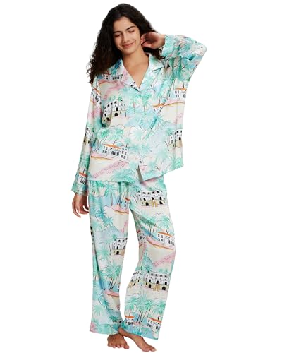 Image of YiNi LuLu Womens Silk Satin Pajamas Set Button Down 2 Piece Pjs Long Sleeve Oversized Sleepwear with Pockets