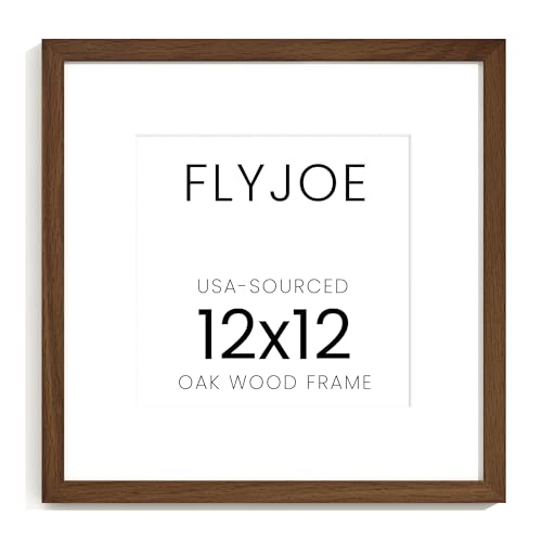 Image of FLYJOE 12x12 Oak Wood Square Picture Frame with Mat for 8x8, 12 by 12 USA-Sourced Natural Solid Wooden Photo Frame for Wall, Shatterproof Plexiglass, Hanging Hardware Included, 1 Pack, Walnut Color