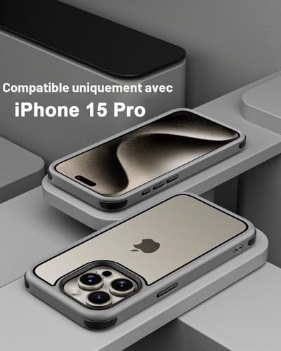 Coque iPhone 15 Pro antichoc 360 protection silicone transparente PC gris titane - 2