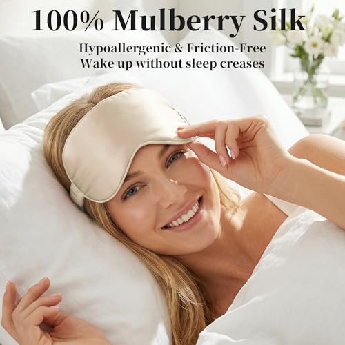 ZLYC 100% maska do spania z jedwabiu morwowego, bezuciskowa osłona na oczy, miękka, blokująca światło, opaska na oczy, do drzemki podróżnej, jednolity beż, jeden rozmiar