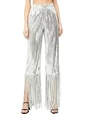 Nyeemya Mujer Pantalones con Flecos Lentejuelas Pantalones De Baile con Brillo Disfraz Espectáculo Plateado S/M