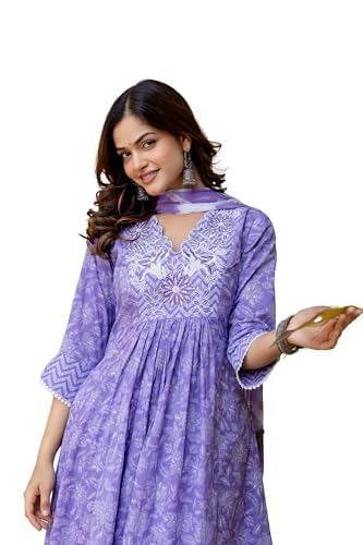 Women Floral Yoke Design V-Neck Empire Aari Work Pure Cotton Kurta Pant & Dupatta Set-image-23