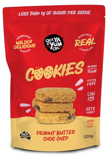 GET YA YUM ON - SUGAR FREE PEANUT BUTTER CHOC CHIP COOKIES - NO SUGAR ADDED, GLUTEN FREE, LOW CARB, HOMEBAKED FLAVOUR VALUE PACK 220G