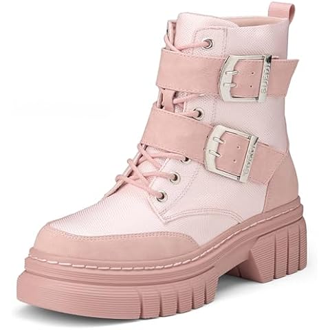 SUEDI Women's Combat Boots Chunky Platform Lug Sole Ankle Boots Buckle Lace Up Moto Boots with Side Zipper Pink Size 7 Cover