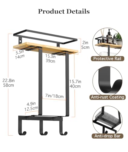 Luxspire Toallero de Pared para Baño, Soporte de Toallas Montado en la Pared con Estante Almacenaje y 3 Ganchos para Toallas Mano, Baño Aseo Lavandería, Negro+Madera - imagen 4