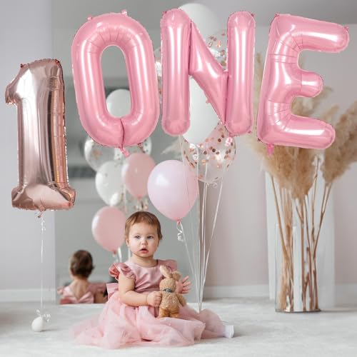 Image of 40 Inch Pastel Pink ONE Balloon for 1st Birthday - Light Pink Letters With Ribbon - Baby Pearl Alphabet for Girls First Birthday, 1 Year Old Baby Shower Party Decorations