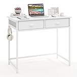CASART Computer Desk with 2 Drawer, 90 x 45cm Home Office Desk with Metal Frame, Wooden Writing Desk Compact Study Table for Small Spaces (White)