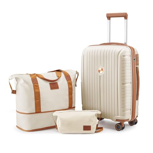 Joyway Kofferset 3 Teilig von PP Hartschalen Trolley Kofferset mit TSA Schloss und 4 Rollen Der Handgepäck Sets Enthält 1 Reisetasche und 1 Kulturbeutel Weiß