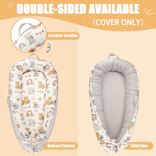 Image of Baby Lounger Cover for Boys Girls, Reversible Baby Nest Cover, Adjustable Baby Lounger Replaceable Cover for Infant Newborn, Portable and Machine Washable, Cotton Gray Elephant Cover Only