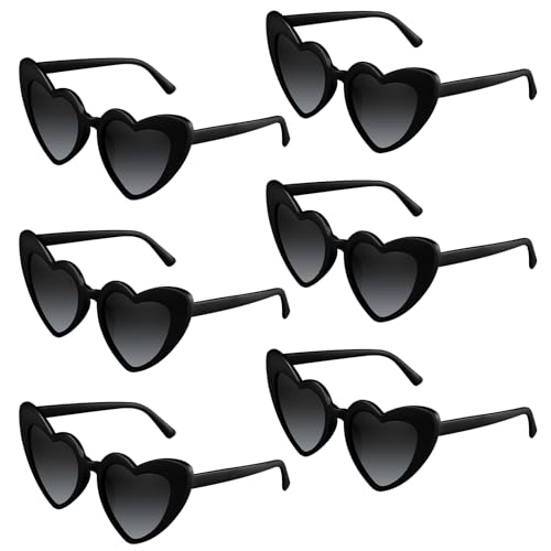 BOUBONI 6 Pack Black Heart Sunglasses Vintage Heart Shaped Glasses Bulk Bachelorette Sunglasses for Women Wedding Party Supplies Favor