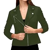 Kunstlederjacke Lederjacke Damen Kurz Bikerjacke Reverskragen Motoradjacke Leder Jacke Übergangsjacke für Frühling Herbst Wildlederjacke Sweatjacke Streetwear Winterjacke (Green, L)