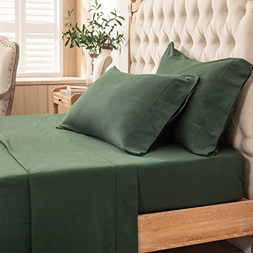 PURE ERA Jersey Knit 4pc Bed Sheet Set 100% T-Shirt Cotton Super Soft Comfy Breathable Fits Mattress Up to 20" Extra Deep Pocket (Solid Forest Green, King)