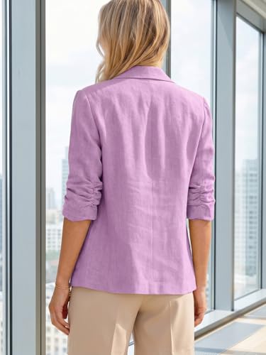 Image of Mina Self 2026 Summer Women's Linen Blazer Jacket - Lightweight Breathable 3 /4 Stretchy Ruched Sleeve Casual Work with Pocket