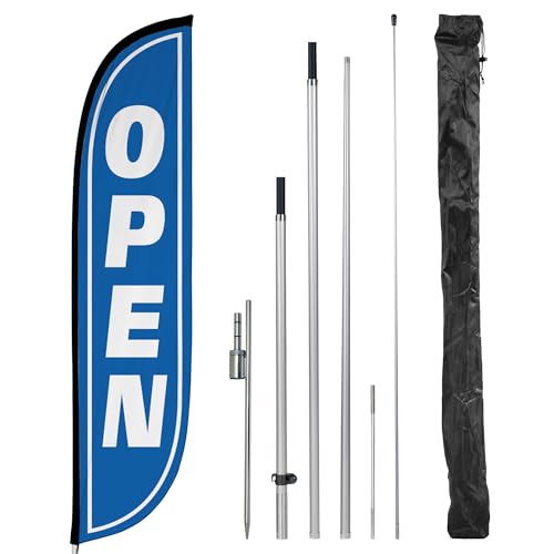 Image of LookOurWay Feather Flag Pole Kit - 12 Feet Tall Advertising Flag Banner with Fiberglass Pole Kit and Ground Spike for Business Promotion - Grand Opening Flags - Open Blue & White (10M1200105)