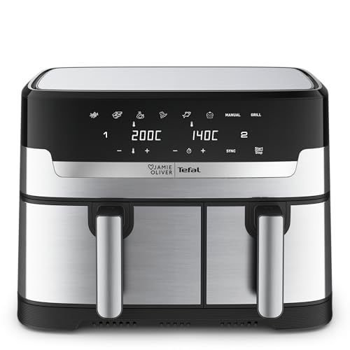 Jaime Oliver by Tefal, Easy Fry Dual Drawer Air Fryer, 2 Drawers, 8.3L, 8in1, Air Fry, Extra Crisp, Roast, Bake, Reheat, Dehydrate, 6 Portions, Dishwasher Safe Baskets, EY90JDG0 - Stainless Steel
