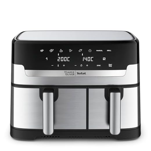 Jaime Oliver by Tefal, Easy Fry Dual Drawer Air Fryer, 2 Drawers, 8.3L, 8in1, Air Fry, Extra Crisp, Roast, Bake, Reheat, Dehydrate, 6 Portions, Dishwasher Safe Baskets, EY90JDG0 - Stainless Steel