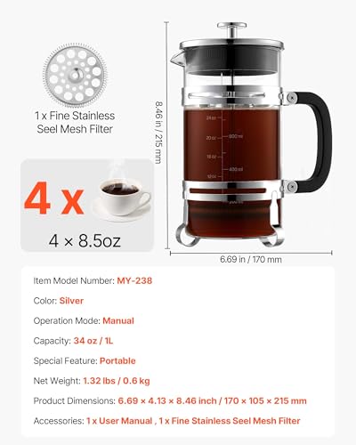 VEVOR French Press Coffee Maker, 1 Liter Borosilicate Glass Coffee Press Tea Maker with Stainless Steel Filter, Large Glass French Presses Cold Brew for Camping Travel Home Kitchen, Silver