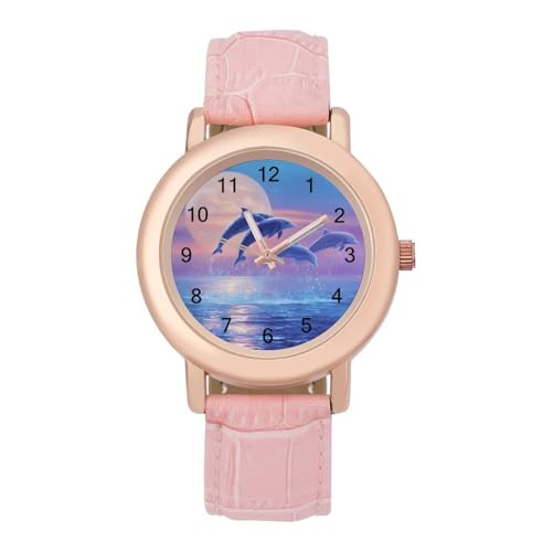 Image of Dolphins Jumping Ocean Moon Women's Fashion Watch Custom Wristwatches with Soft Strap Gifts for Birthday Anniversary