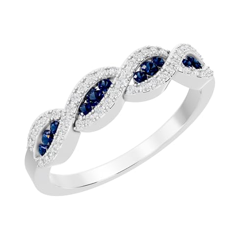 Dazzlingrock Collection Round Blue Sapphire & White Diamond Swirl Stackable Anniversary Ring for Women in 10K White Gold Size 7