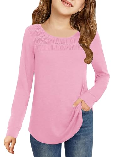 Vivitulip Girl’s Basic Long Sleeve Crew Neck T-Shirts Casual Smocked Cute Tunic Tops