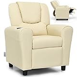 BETTARY Kids Recliner Chair, Children PU Leather Lounge Chair with Adjustable Backrest, Footrest, Headrest & Cup Holder, Toddler Couch for Boys & Girls, Beige