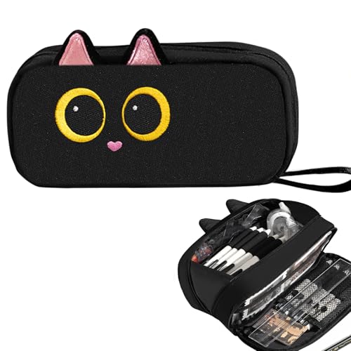Bwvjozyr Pencil Case Pouch Large Capacity Pen Pouch with Embroidered Animal Design Portable Pencil Bag Simple Stationery School Supplies Bag for Kids Teens Students Gift for girls (Black cat)